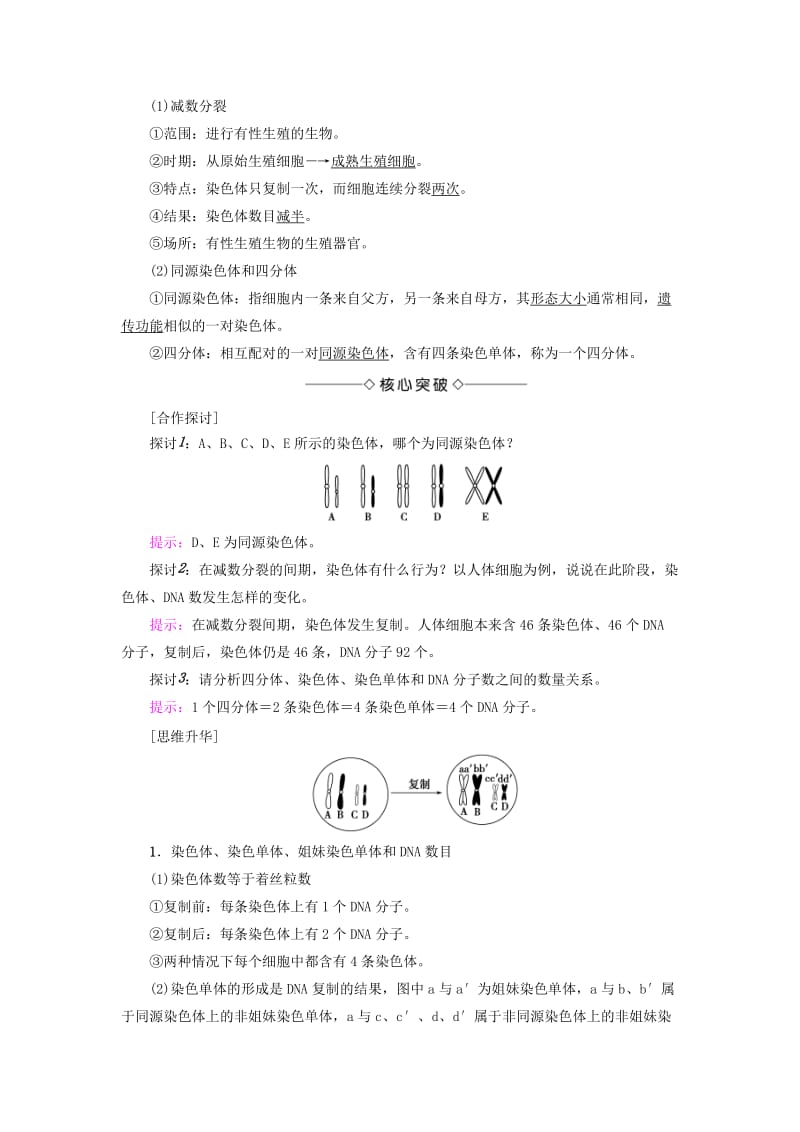 高中生物 第2章 染色体与遗传 第1节 减数分裂中的染色体行为（Ⅰ）学案 浙科版必修2_第2页