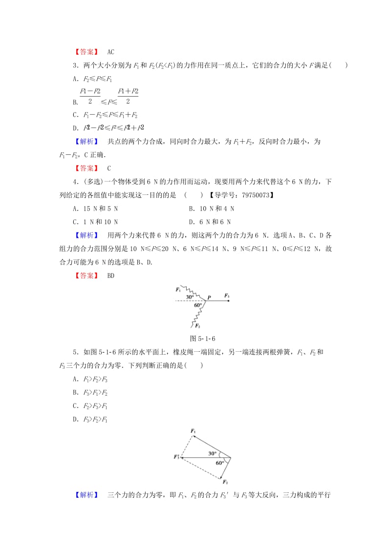 高中物理 第5章 力与平衡 第1节 力的合成学业分层测评 鲁科版必修1_第2页