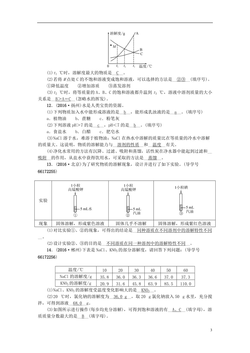 四川版2017中考化学总复习第一篇第14讲溶液的形成溶解度试题_第3页