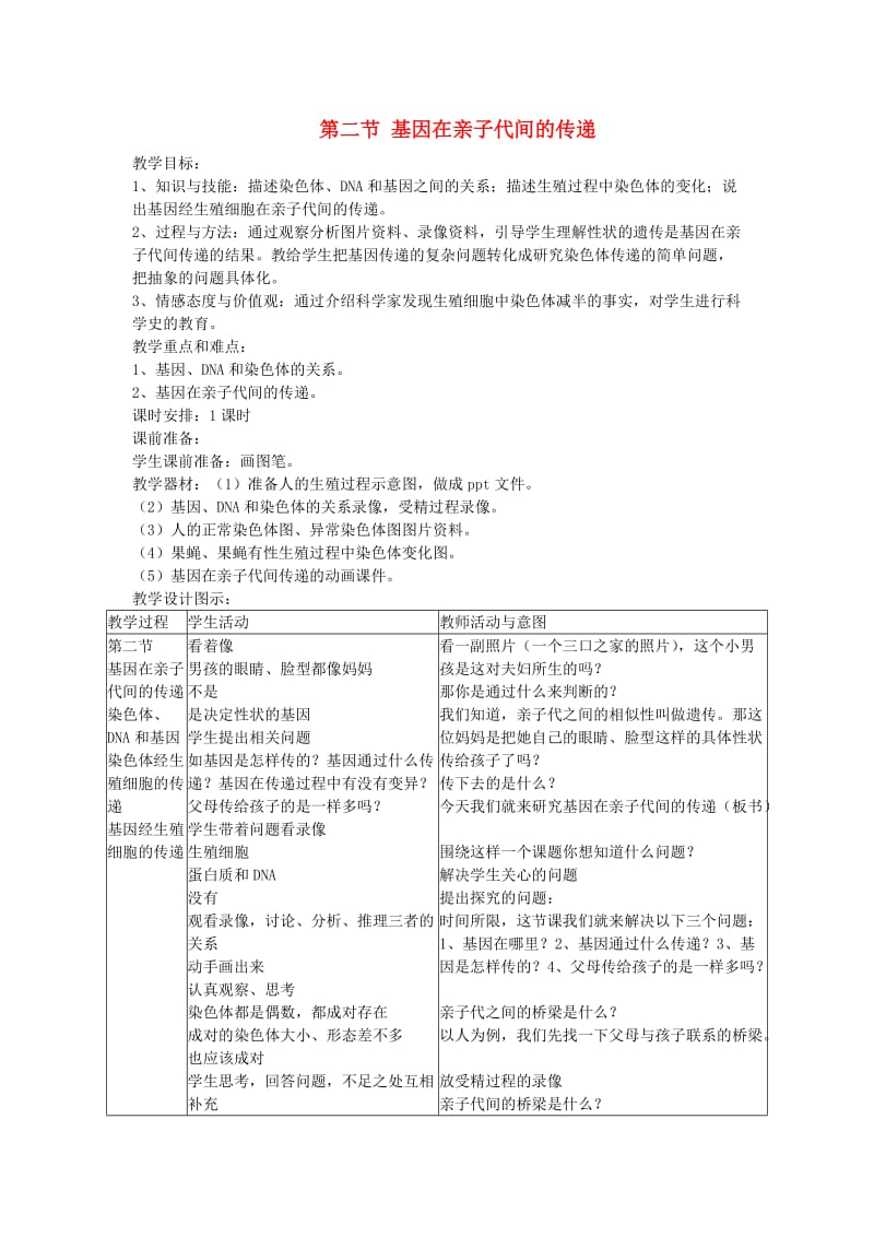 八年级生物下册 第7单元 第2章 第2节 基因在亲子代间的传递教案 （新版）新人教版_第1页