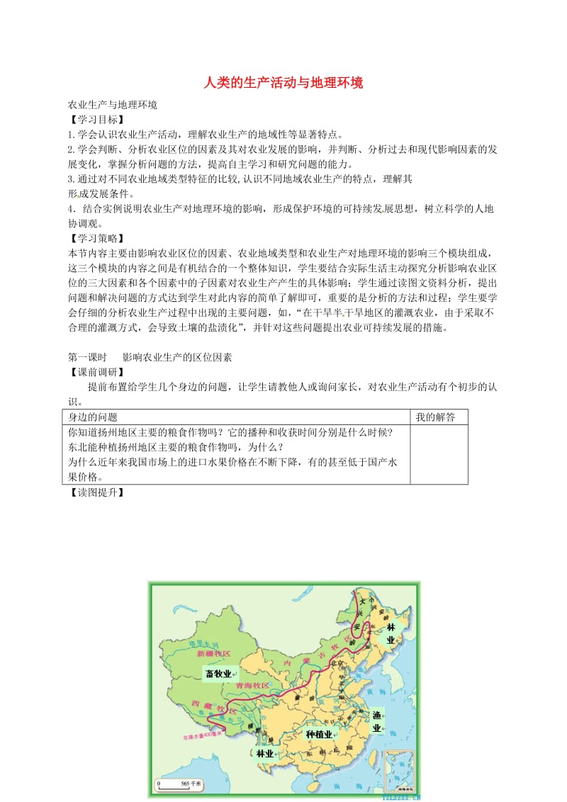 高中地理 3.1 农业生产与地理环境（第1课时）学案鲁教版必修2_第1页