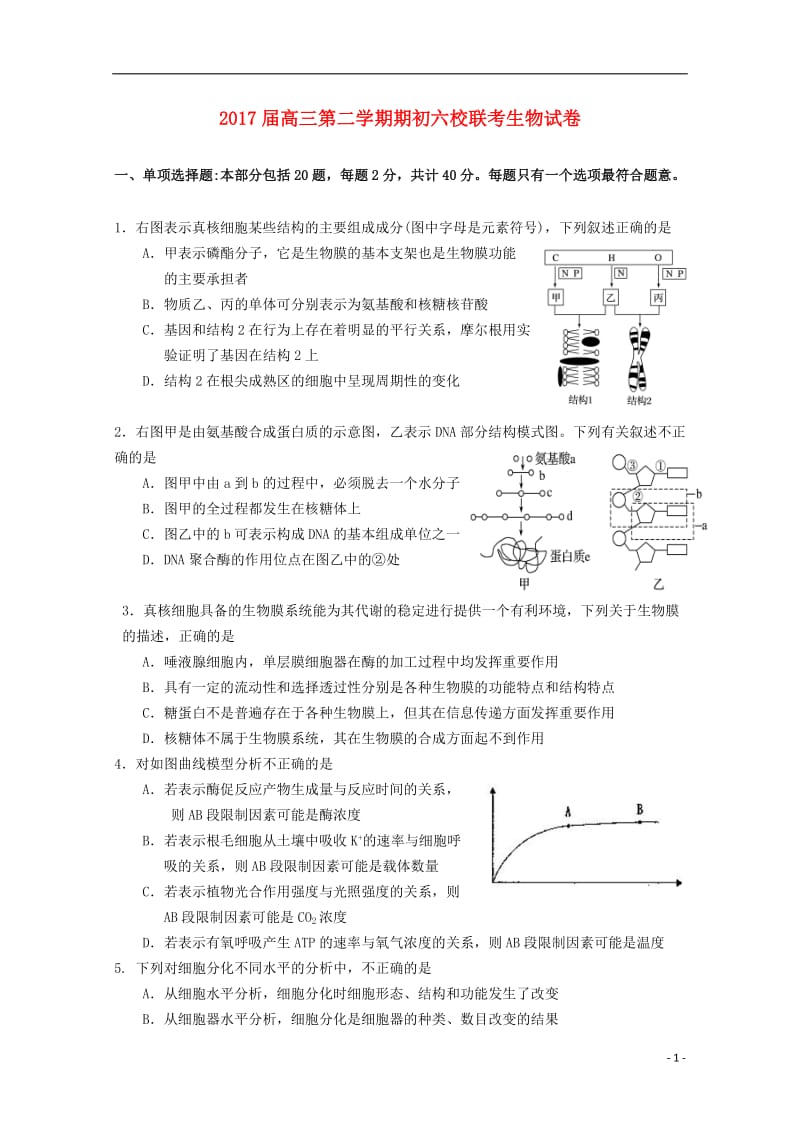 江苏省中华中学溧水高级中学输中省扬中镇江一中省镇中六校2017届高三生物下学期2月联考试卷_第1页