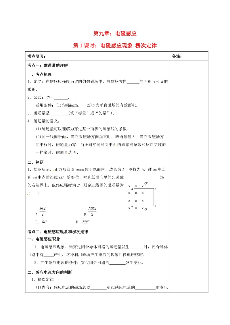 高三物理一轮复习 第九章 电磁感应（第1课时）电磁感应现象 楞次定律学案_第1页