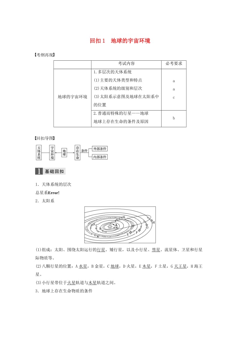 高考地理二轮复习 基础知识回扣 回扣1 地球的宇宙环境_第1页