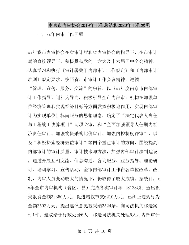 南京市内审协会2019年工作总结和2020年工作意见_第1页