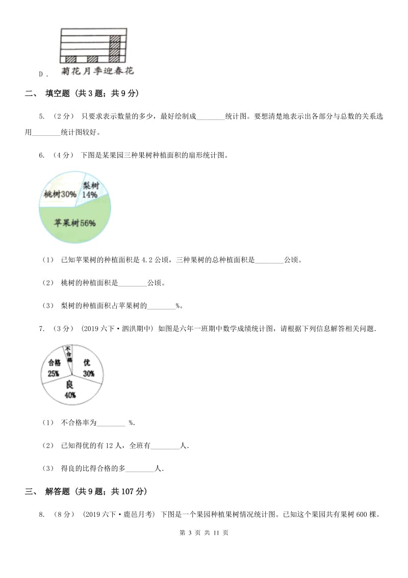 人教版数学2019-2020学年六年级上册7扇形统计图D卷_第3页