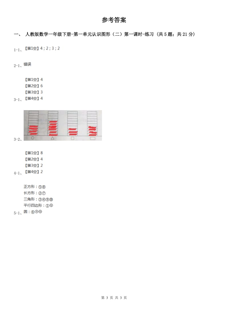 人教版数学一年级下册-第一单元认识图形（二）第一课时（II）卷_第3页