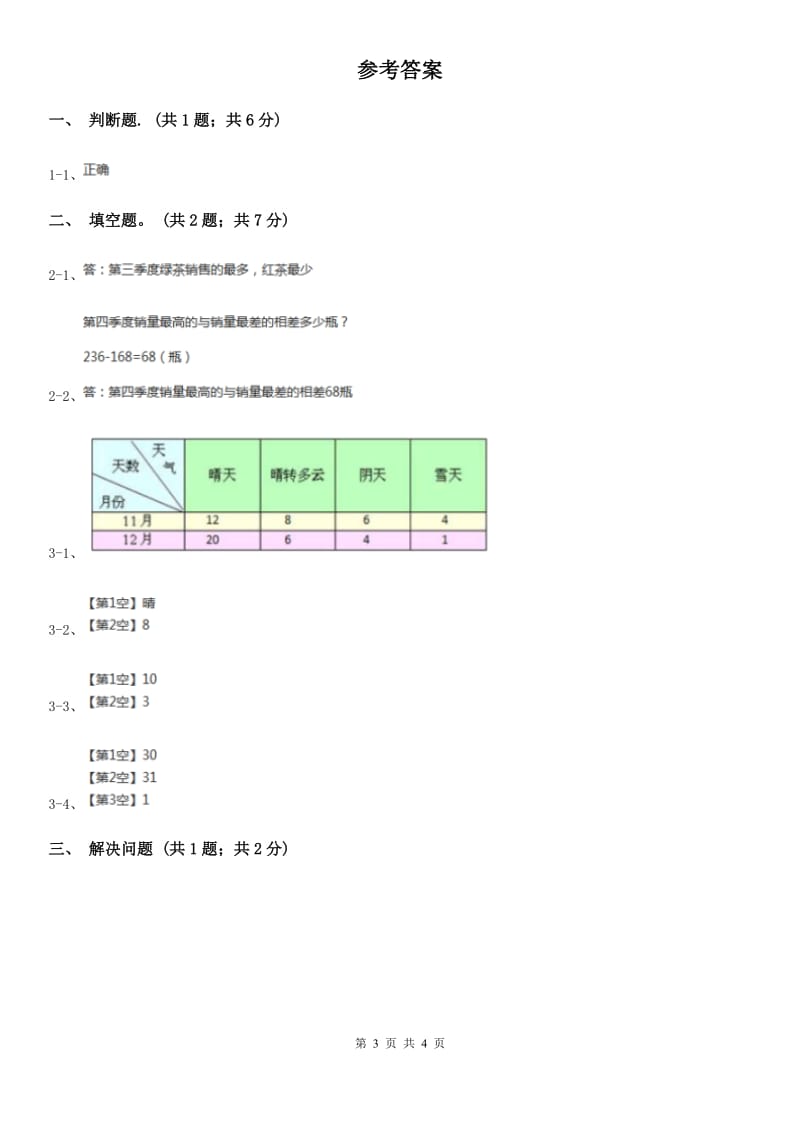 2019-2020学年小学数学人教版三年级下册 3.复式统计表 同步练习B卷_第3页