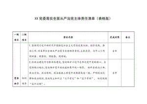 XX黨委落實(shí)全面從嚴(yán)治黨主體責(zé)任清單（表格版）