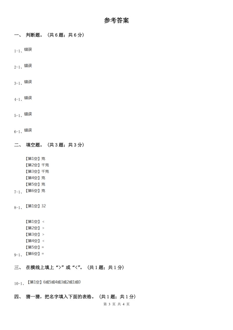 2019-2020学年小学数学人教版二年级下册 第八单元克和千克 单元卷（1）A卷_第3页