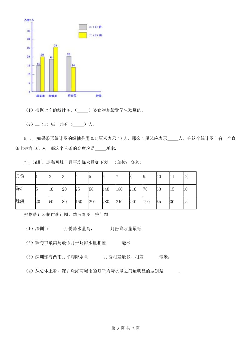 海口市2019-2020年度数学四年级下册第七单元《复式条形统计图》单元测试卷（II）卷_第3页