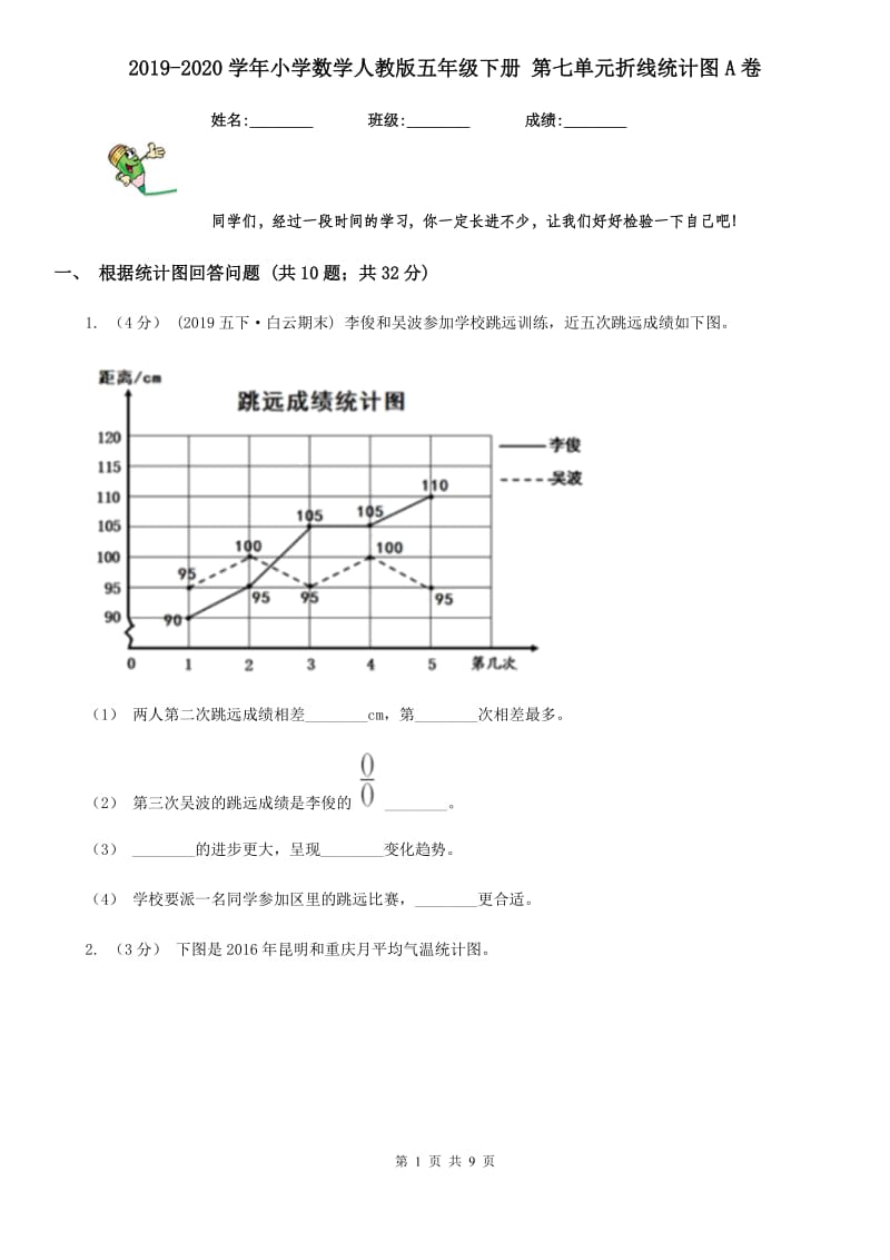 2019-2020学年小学数学人教版五年级下册 第七单元折线统计图A卷_第1页