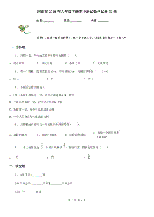 河南省2019年六年级下册期中测试数学试卷2D卷