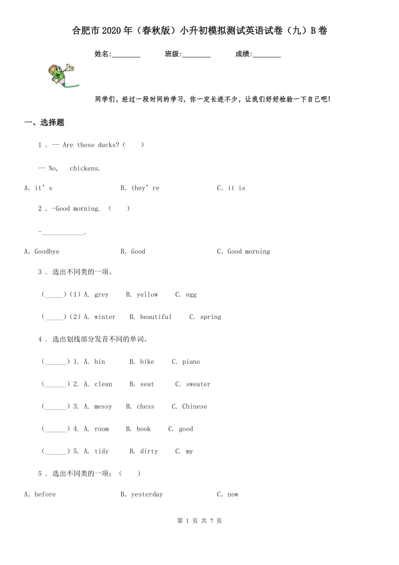 合肥市2020年（春秋版）小升初模拟测试英语试卷（九）B卷_第1页