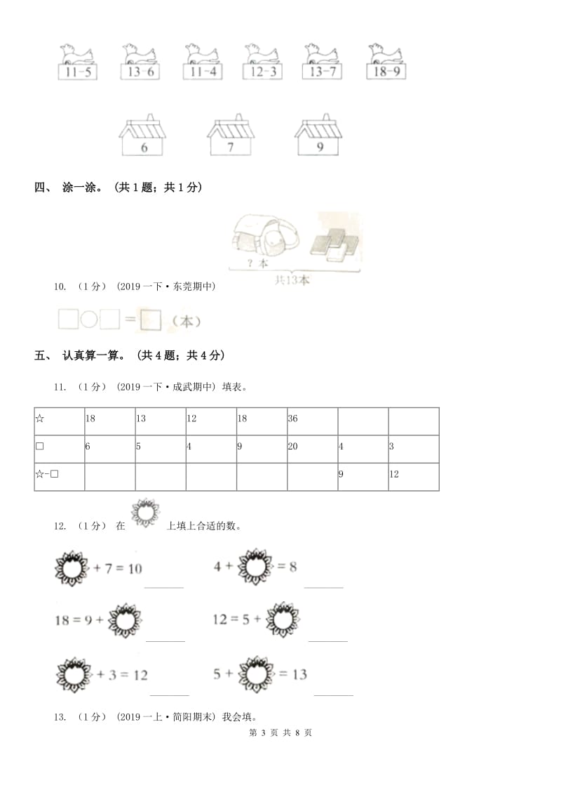 2019-2020学年小学数学人教版一年级下册第二单元20以内的退位减法 单元卷（II）卷_第3页