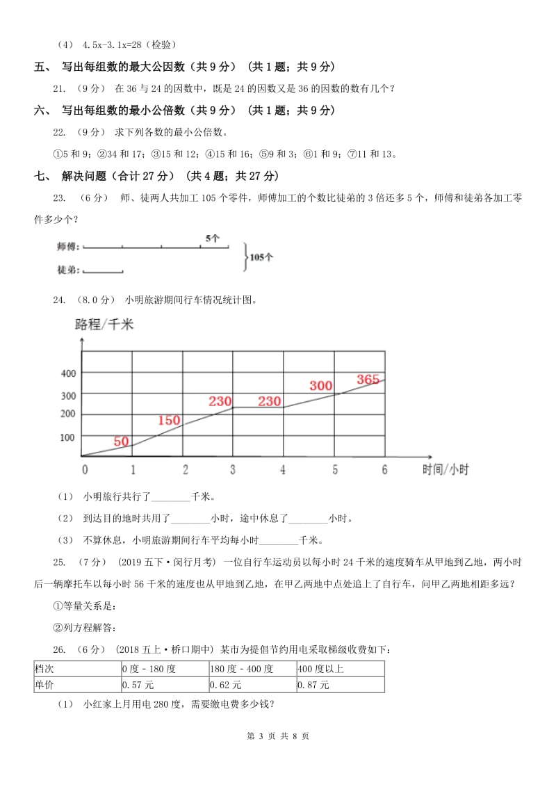 西安市五年级下册数学第一次月考试卷_第3页