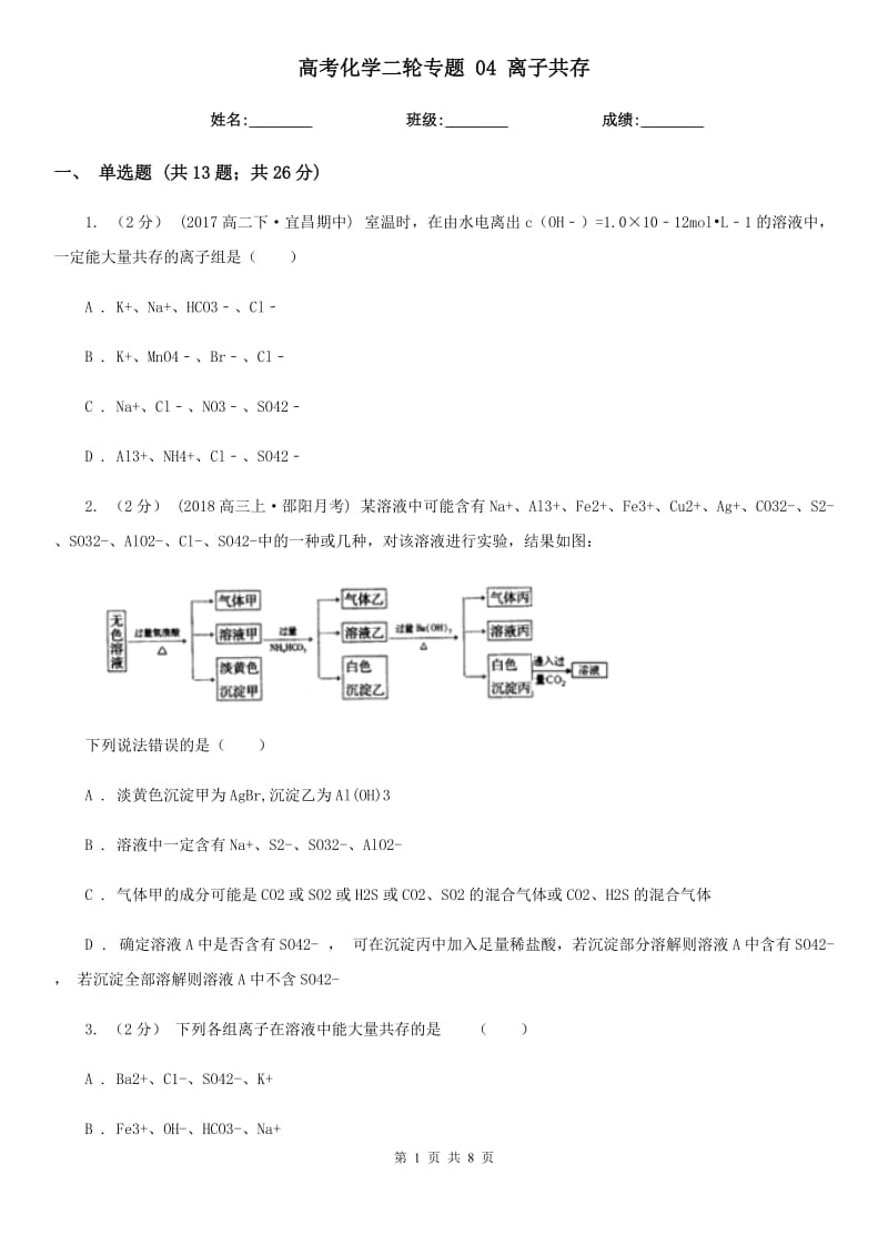 高考化学二轮专题 04 离子共存_第1页