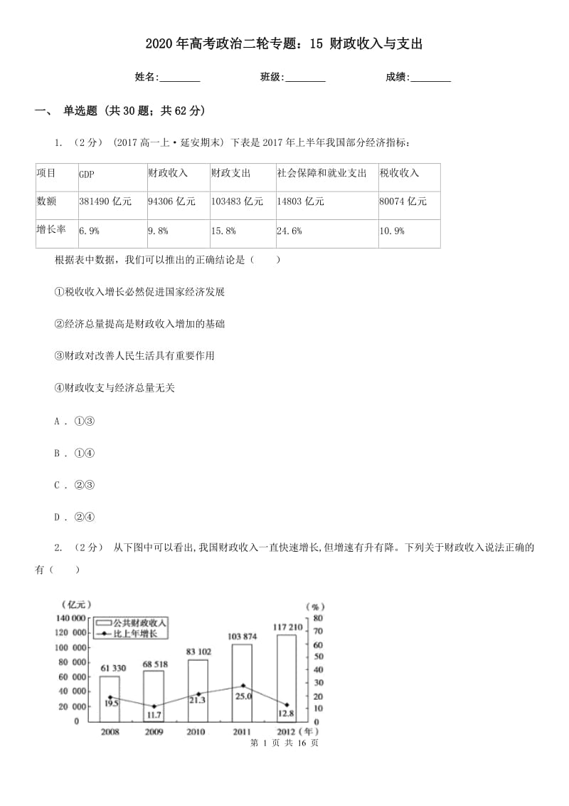 2020年高考政治二輪專題：15 財政收入與支出_第1頁