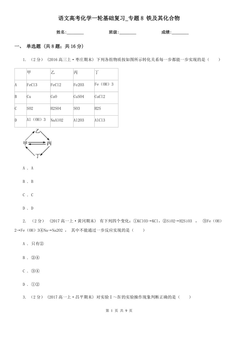 語文高考化學(xué)一輪基礎(chǔ)復(fù)習(xí)_專題8 鐵及其化合物_第1頁