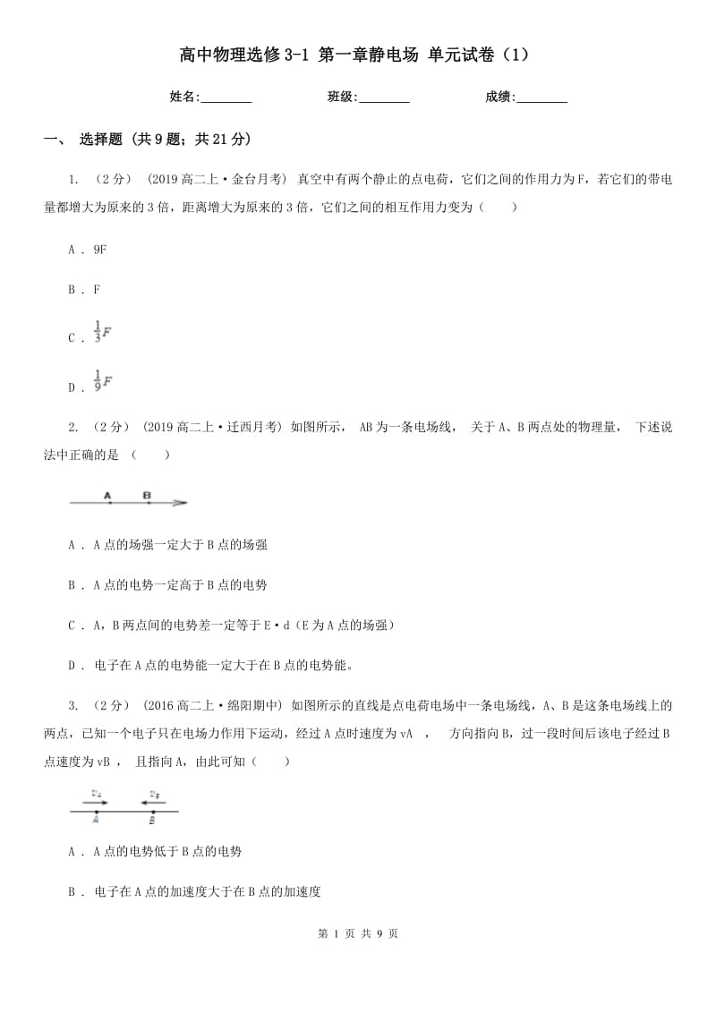 高中物理選修3-1 第一章靜電場 單元試卷（1）_第1頁