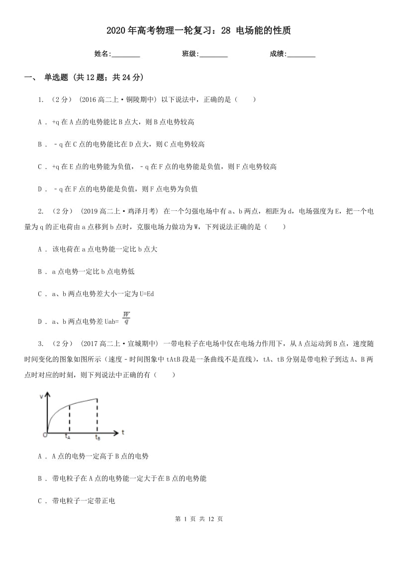 2020年高考物理一輪復(fù)習(xí)：28 電場(chǎng)能的性質(zhì)_第1頁(yè)