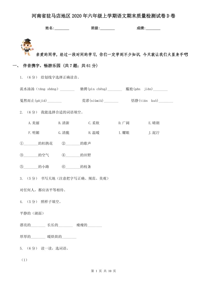 河南省驻马店地区2020年六年级上学期语文期末质量检测试卷D卷_第1页