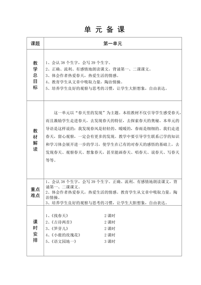 人教版二年级语文1-2单元教案(表格式)_第1页