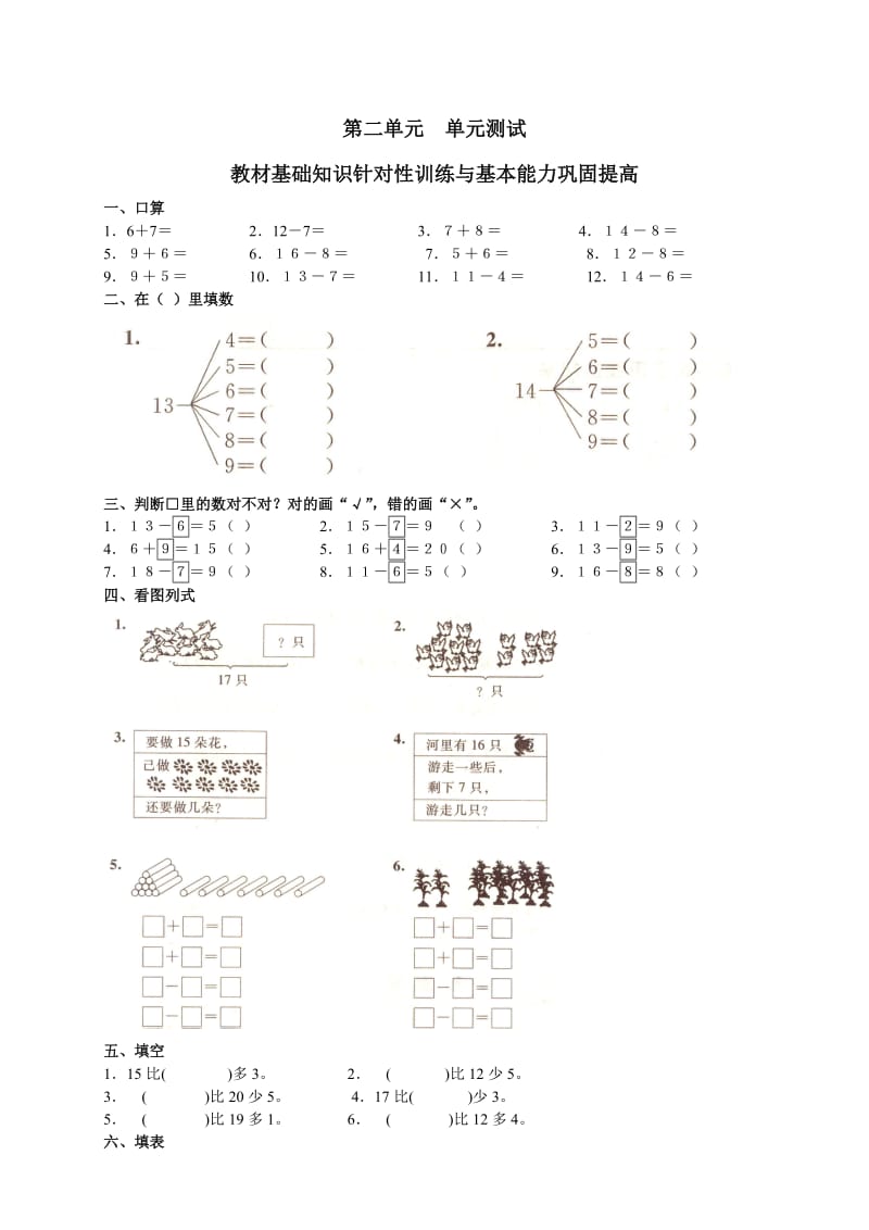 人教版小學(xué)數(shù)學(xué)一年級下冊第二單元《20以內(nèi)的退位減法》單元測試卷_第1頁