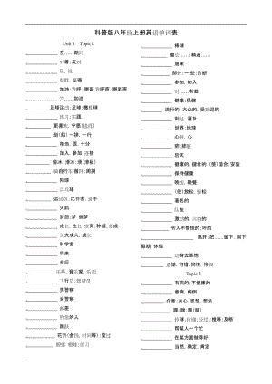 科普版八年級(jí)上冊(cè)英語單詞默寫表