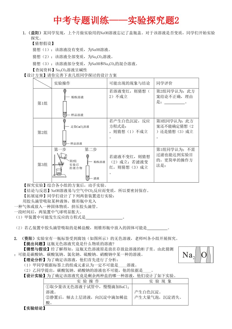 中考化学专项训练-实验探究题2(19道题,含参考答案)_第1页