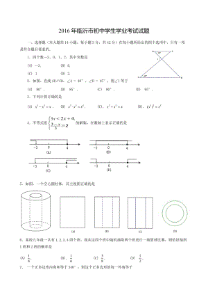 2016年臨沂市中考數(shù)學(xué)試題和參考答案(word版)