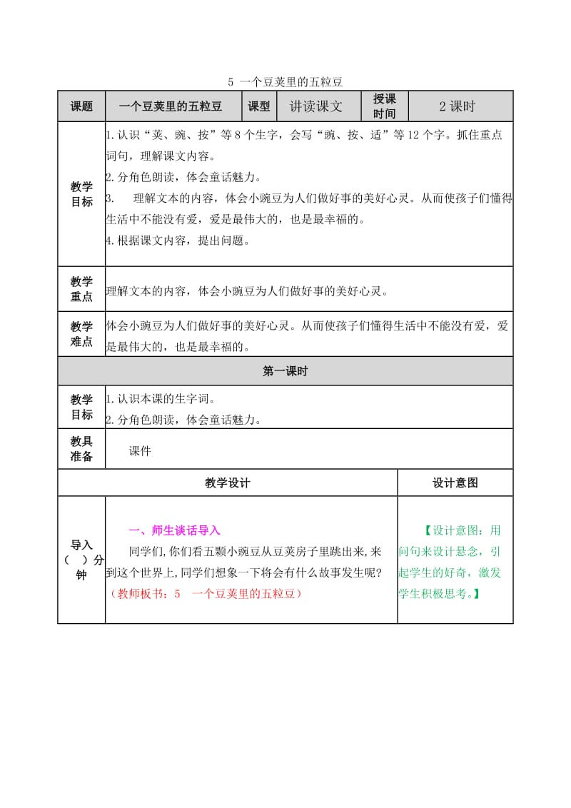 四年級語文上冊《一個豆莢里的五粒豆》教案_第1頁