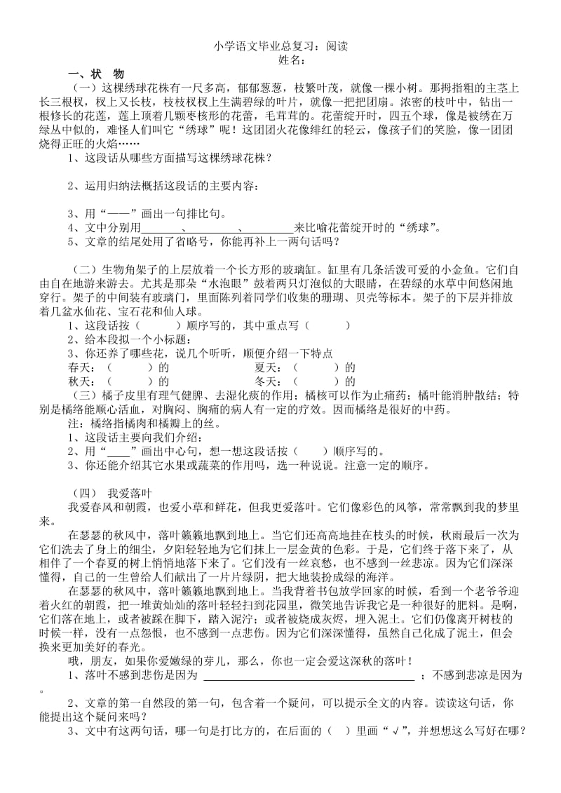 小学语文毕业总复习阅读_第1页