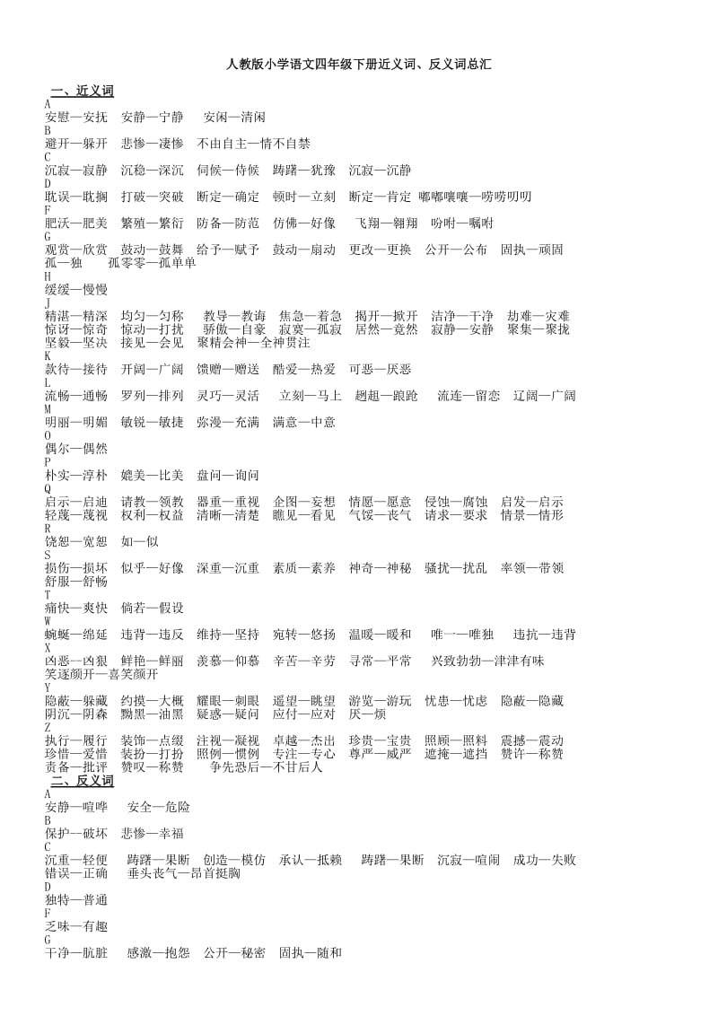 自编人教版小学语文四年级下册近义词、反义词总汇_第1页