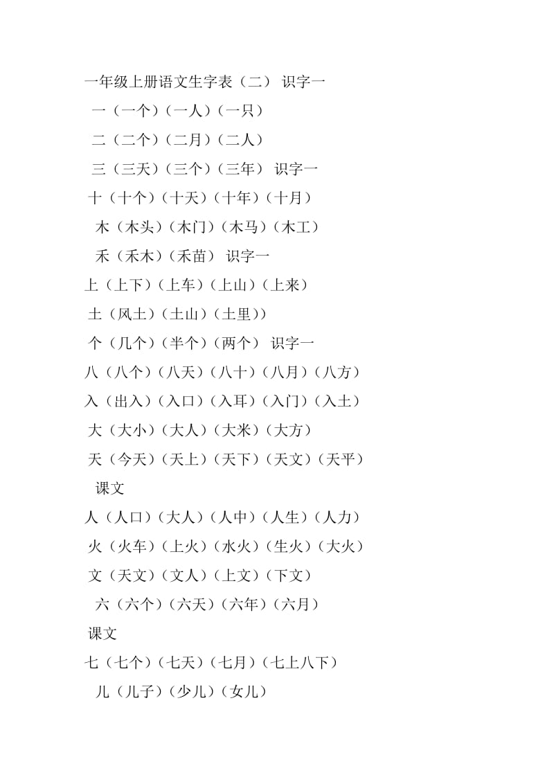 一年级上册语文生字表(二)_第1页