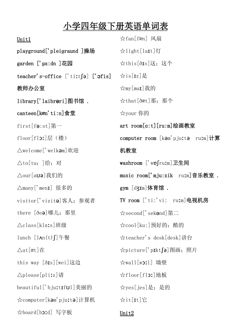 小学四年级下册英语单词表_第1页