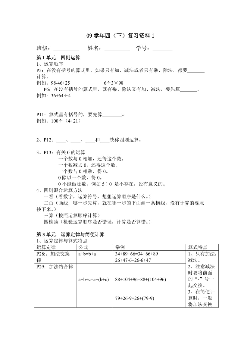 人教版四年級(jí)下冊(cè)數(shù)學(xué)期末復(fù)習(xí)資料_第1頁(yè)