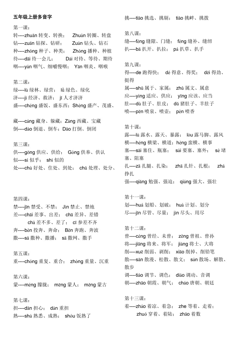 人教版语文五年级上册各课多音字_第1页