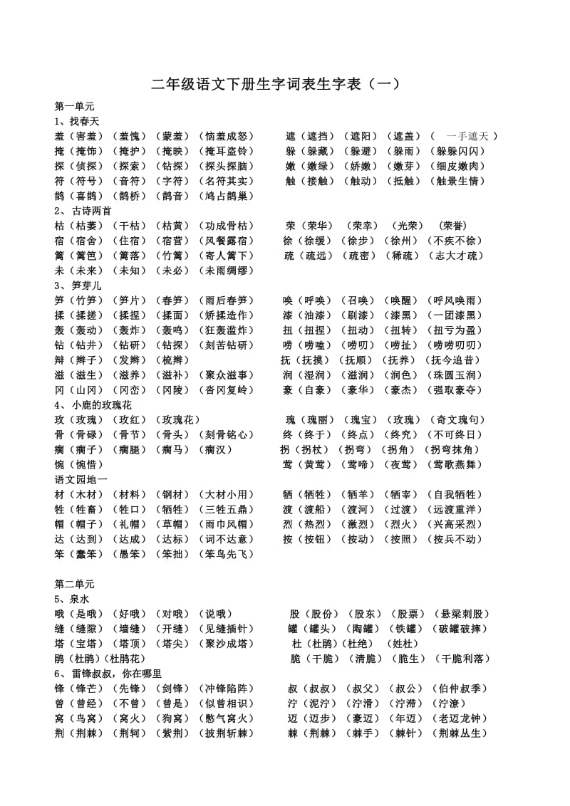 人教版语文二年级下册生字表一组词_第1页