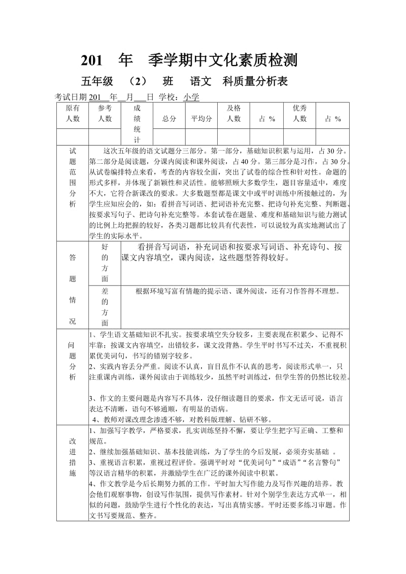 五年级期中考试语文质量分析(一)_第1页