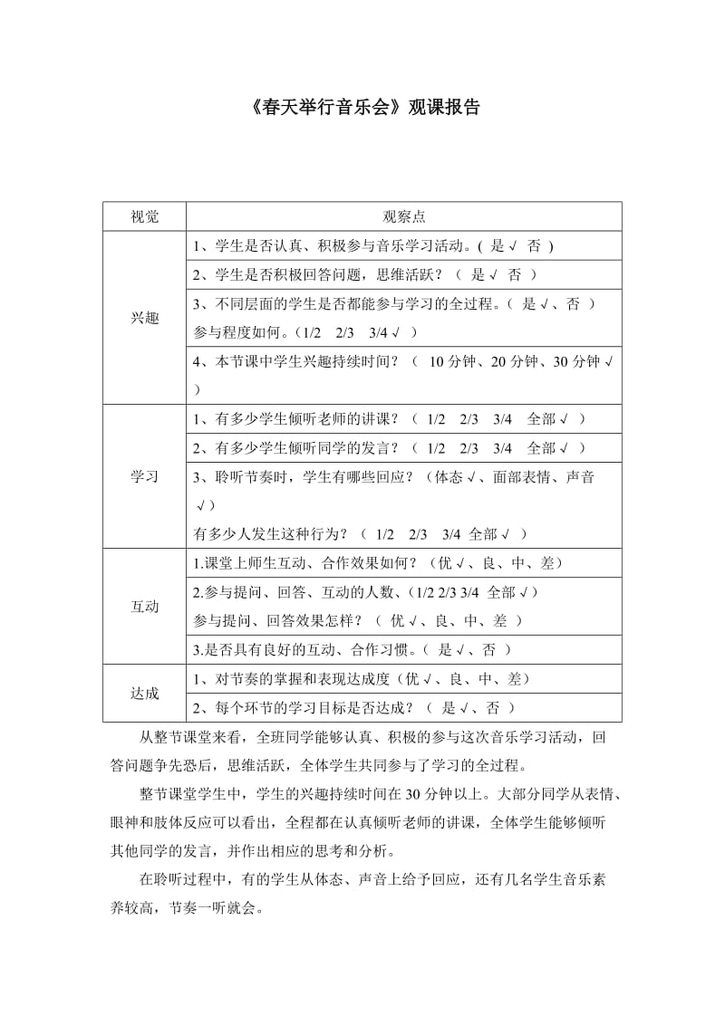 人音版小學(xué)音樂三年級(jí)下冊《春天舉行音樂會(huì)》觀課報(bào)告_第1頁