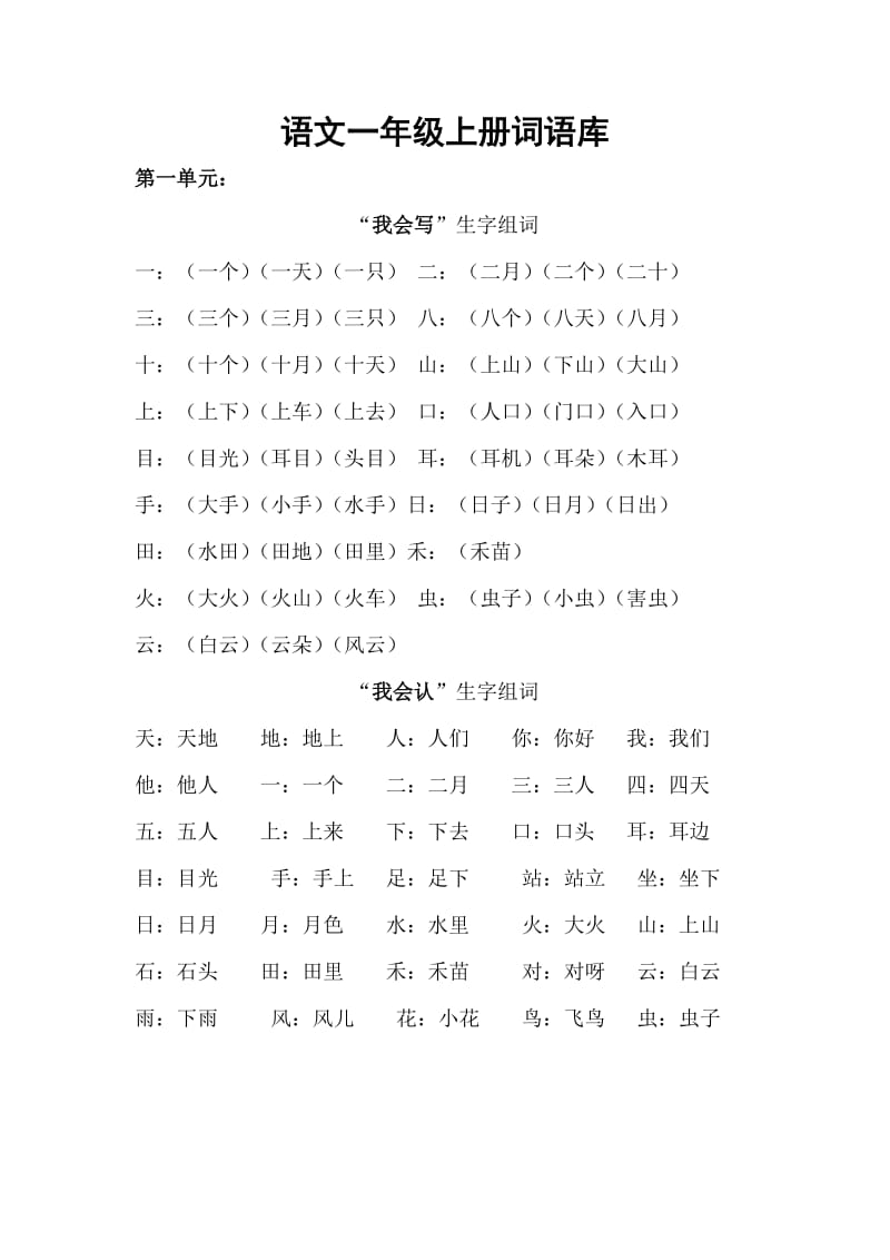 部編版小學一年級上冊語文全冊生字組詞全冊_第1頁