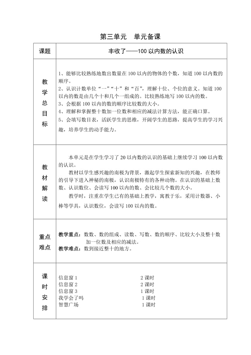 青岛版六年制一年级数学3单元教学设计_第1页