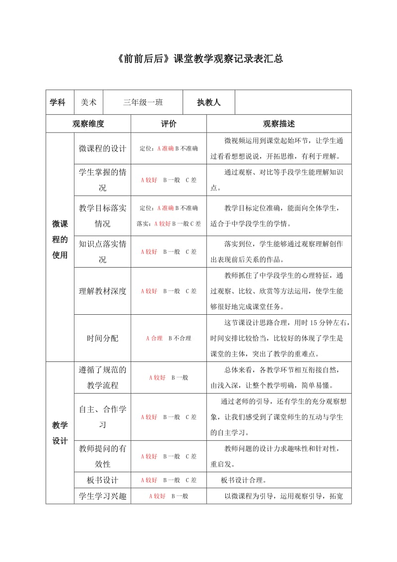 人教版小学美术三年级上册《前前后后》课堂观课报告_第1页