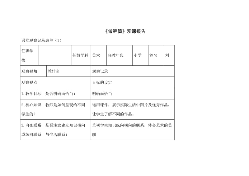 小學(xué)美術(shù)一年下冊(cè)《漂亮的瓶子》課堂觀課報(bào)告_第1頁(yè)