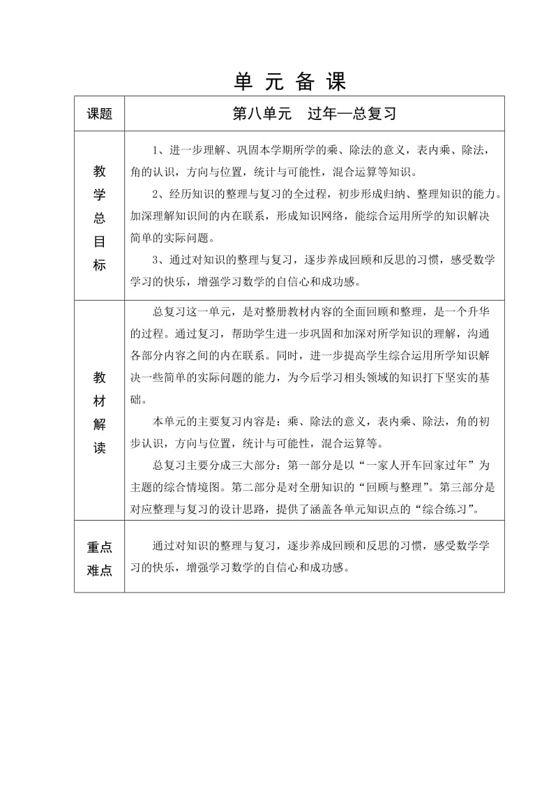 青岛版六年制二年级数学第8单元教学设计_第1页