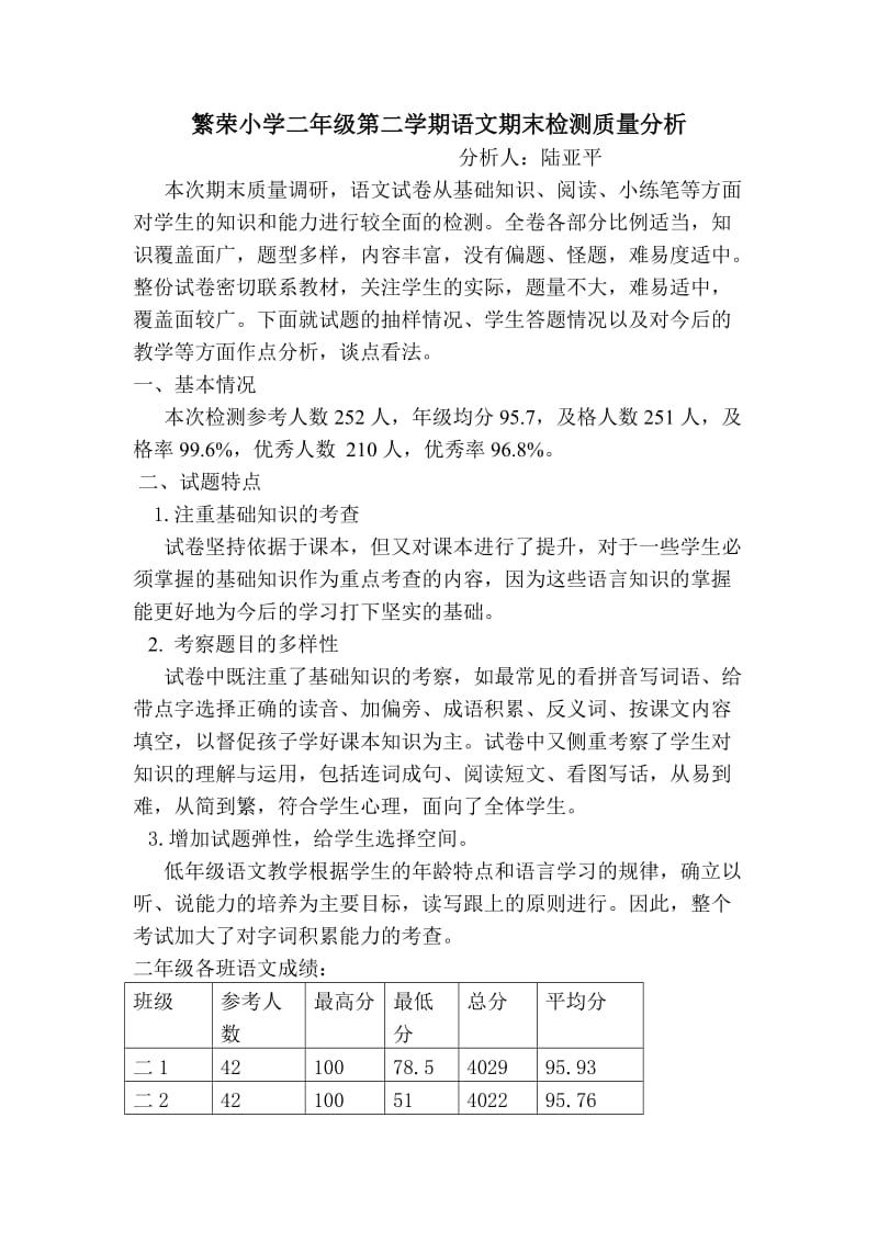 苏教版二年级语文期末试卷质量分析_第1页