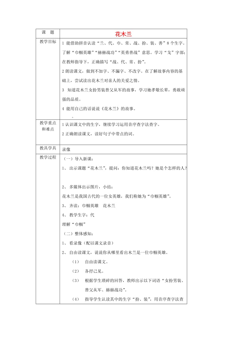 小学一年级语文下册 花木兰教案 沪教版_第1页