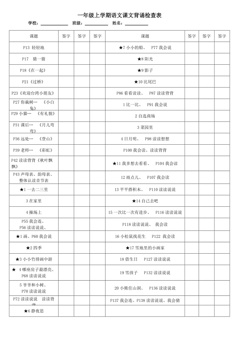 人教版语文一年级上学期课文背诵检查表_第1页