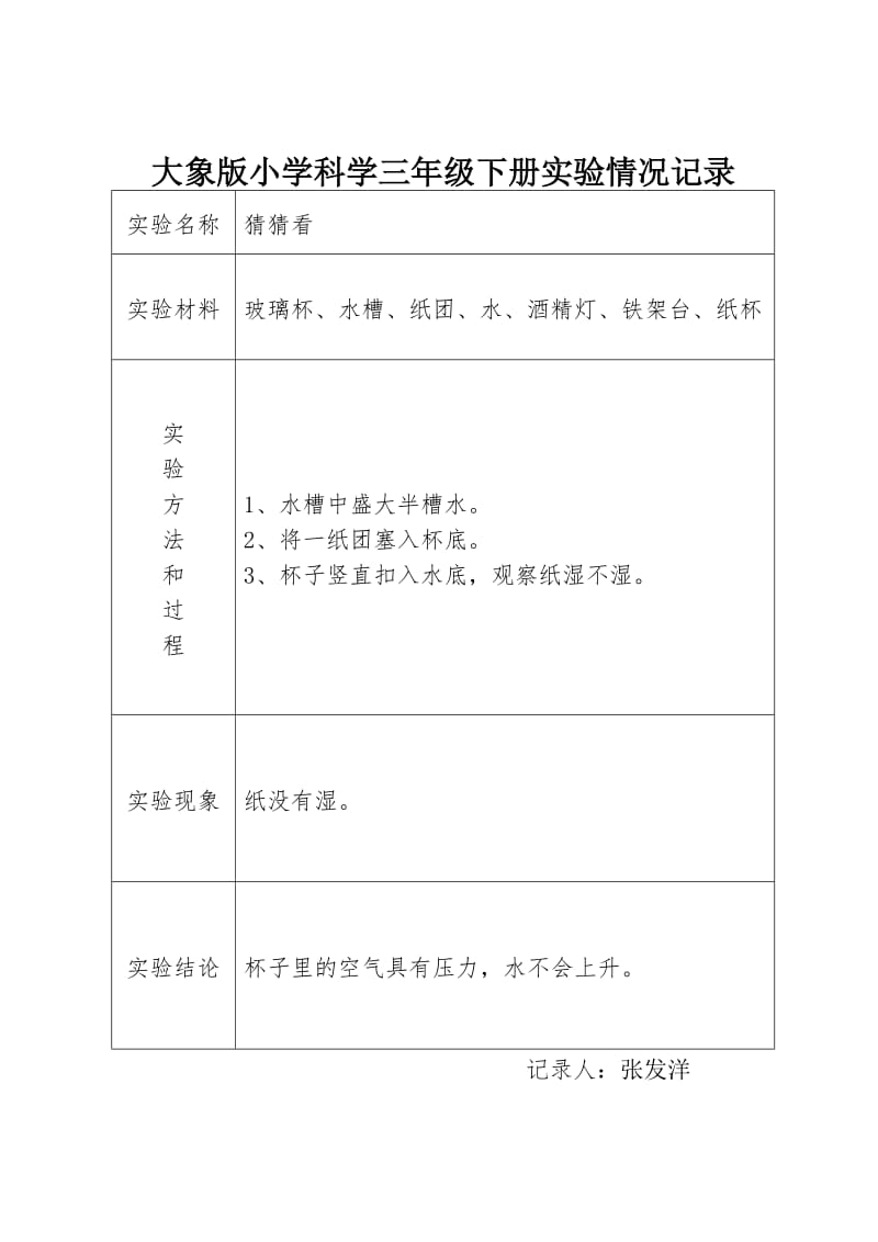 大象版小学科学三年级下册实验情况记录_第1页